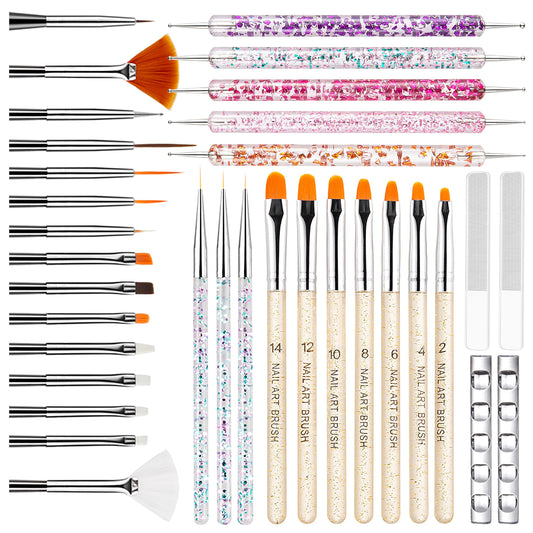 MYR 34Pcs Nail Art Brushes, Nail Art Brush Set, Nail Art Tools, including Nail Design Brushes, Nail Dotting Tool, Nail Drawing Pens, Nail Brush Brackets, Nail Nano Polishing Rubs