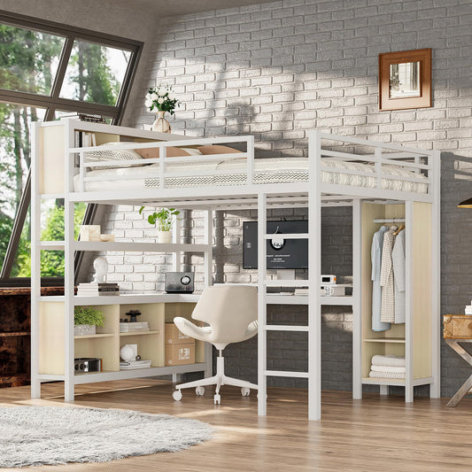 Bellemave Queen Loft Bed with Desk & Wardrobe, Heavy Duty Metal Loft Beds with Storage Shelves, Space Saving Loft Bed Queen Size with Safety Guard, White Wood Grain