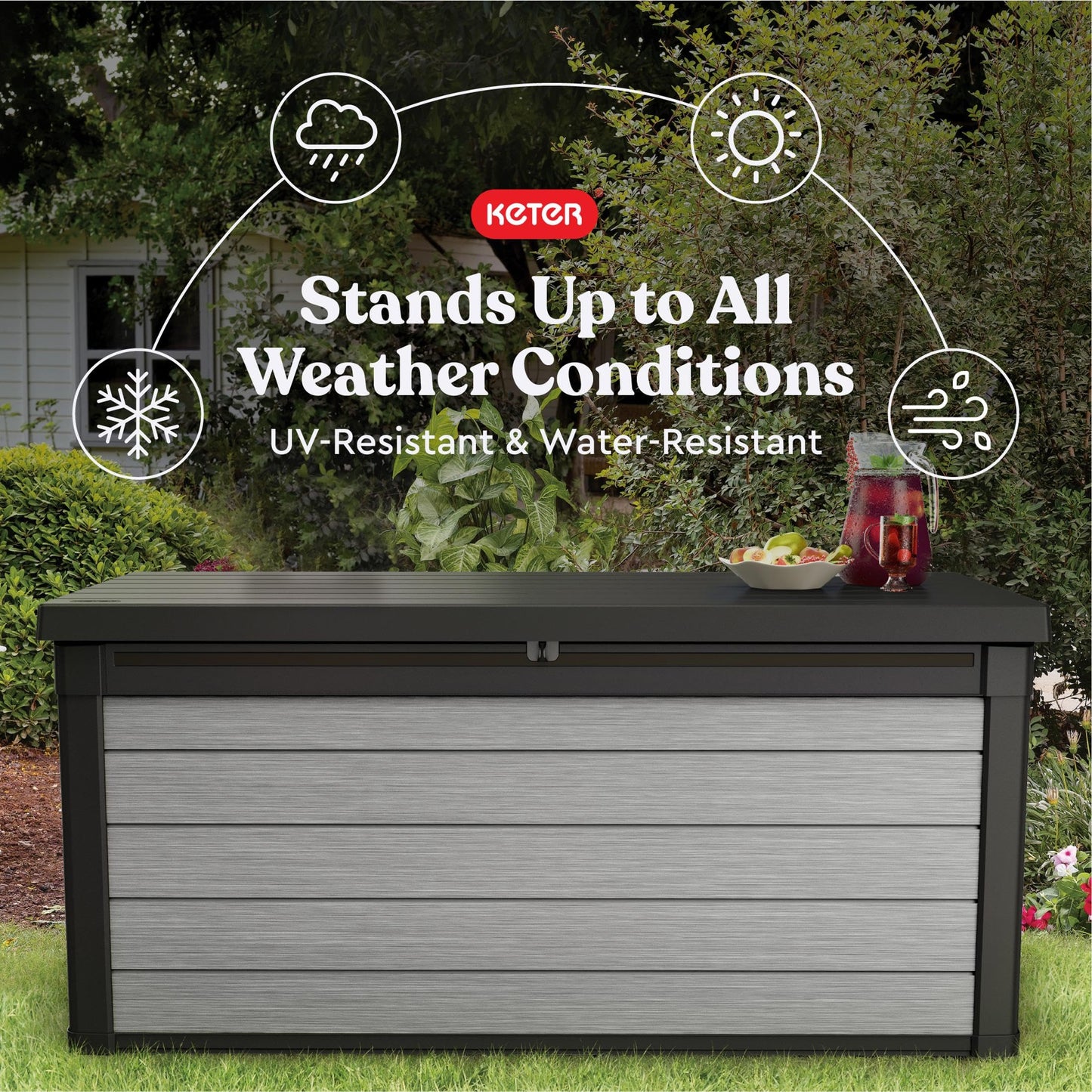 Keter Denali 150 Gallon Resin Large Deck Box with Double Wall 20mm Panels - Paintable and Drillable-Organization and Storage for Patio Furniture and Outdoor Items, Grey & Black