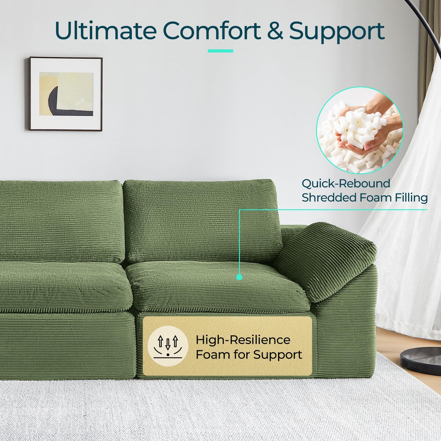 LINSY HOME 109" Modular Couch Modern Boneless Cloud Couch, U Shaped Sofa with Movable Ottomans, Deep Seat Corduroy Sectional Couches for Living Room, Apartment, No Assembly Required, Green