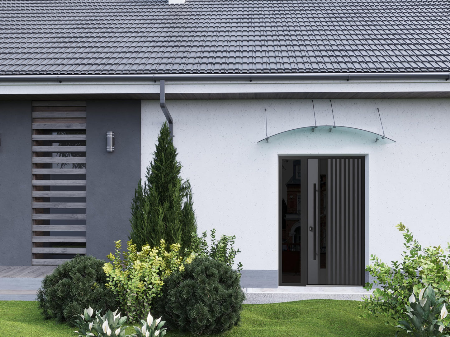 VDOMDOORS Front Exterior Prehung Steel Door/Ronex 0144 Grey/Side Exterior Window Sidelite/Entry Metal Modern Painted W36+12" x H80 Right Hand Inswing