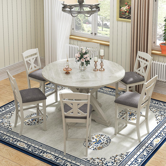 VECELO 7-Piece Solid Wood Foldable Dining Table Set for 6, Farmhouse Round Dining Table with 6 Upholstered Dining Chairs for Dining Room, Kitchen, Washed Gray