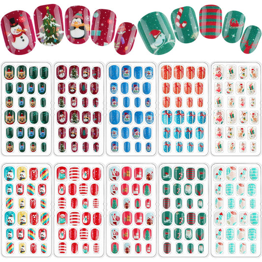 Maitys 240 Pcs Children False Nails 10 Packs Kids Girls Press on Short Artificial Fake Nails Gradient Color Rainbow Pre Glue Full Cover Acrylic Nail Kit for Children Nail Decoration(Snowman)