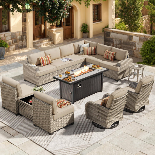 HOOOWOOO Outdoor Sectional Patio Furniture Set with Fire Pit Table,13 Pieces Wicker Conversation Sets L Shaped Couch,Extra Deep Out Door Sofa Outside Furniture with Swivel Rocking Chairs,Beige