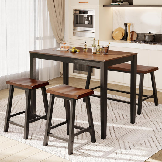 PHI VILLA Counter Height Table and Chairs, Solid Wood Dining Table Set for 4, High Top Kitchen Table Chairs Set of 4, Farmhouse Kitchen Table Set with Bench and Chairs, Walnut with Black