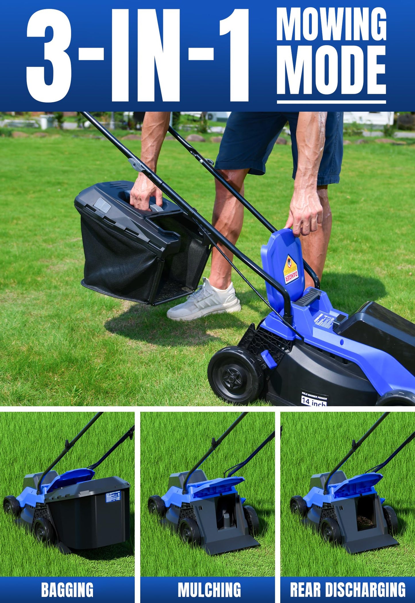 Wild Badger Power 40V 14″ Cordless Lawn Mower Brushless,5,445 sq ft/0.125 ac,1×4.0Ah Battery & Fast Charger, 5-Position Height,for Townhomes & Small Yards