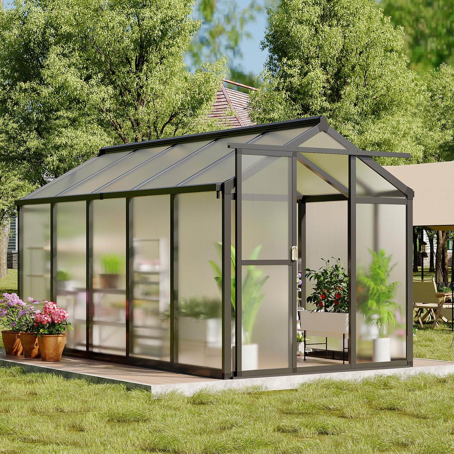 6x10 FT Greenhouse, Easy Assembly Aluminum Polycarbonate Greenhouses for Outdoors with Roof Vent, Large Aluminum Walk-in Greenhouse for Sunroom Patio, Backyard, Garden, Sliding Lockable Door, Black