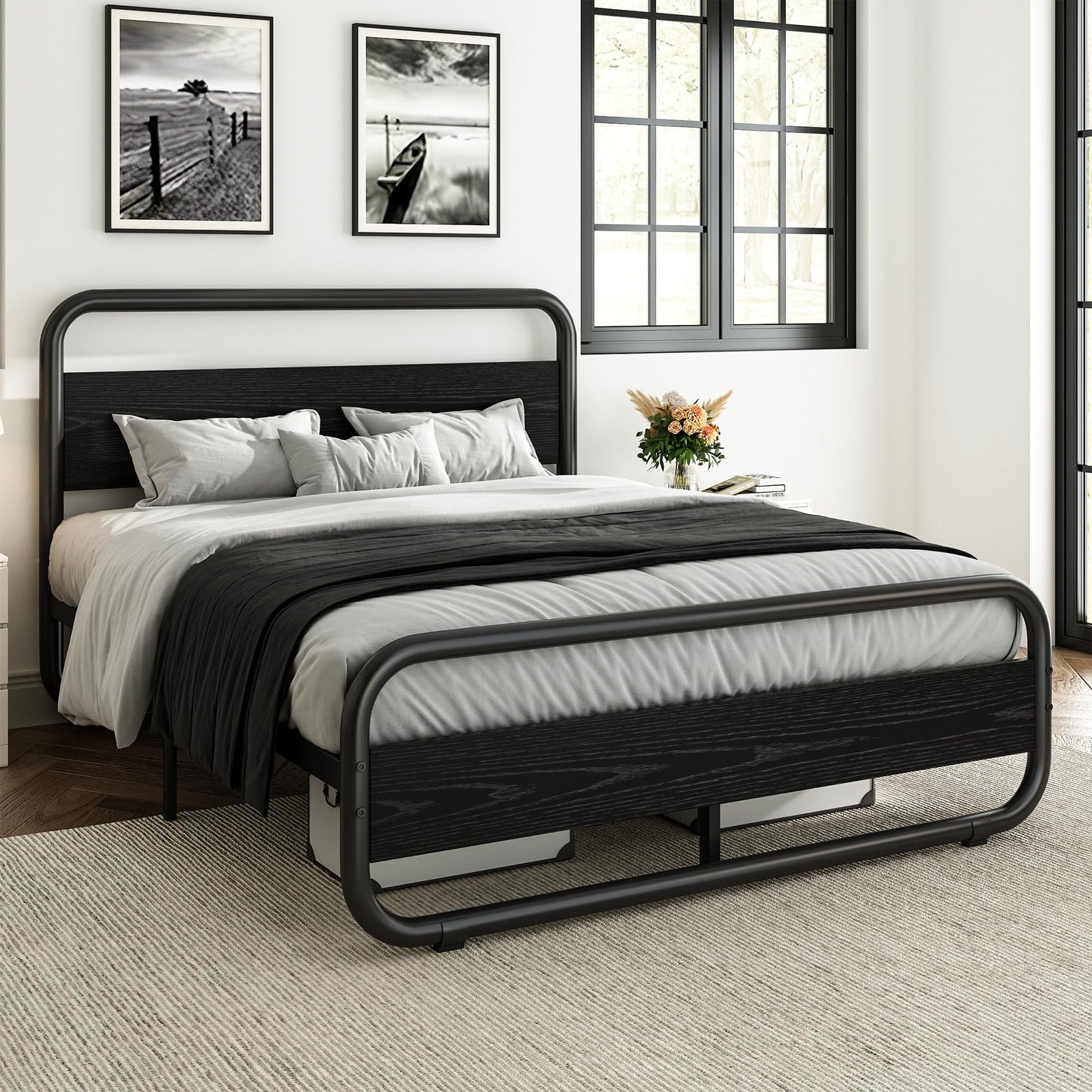 Catrimown Queen Bed Frame with LED Lights, Heavy Duty Metal Rustic Platform Bed Frame Queen Size, with Headboard, Under Bed Storage, Noise Free, No Box Spring Needed, Black