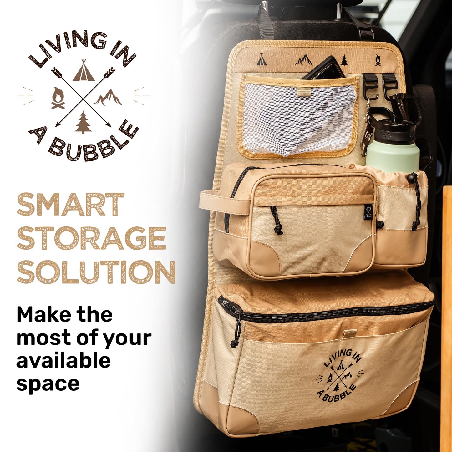Living in a Bubble Seat back Organizer – Magnetic Toiletry and Cooler Pouch, Cordura Car Backseat Storage with Device Holder & Hooks, Multi-Compartment Utility Bag for Campervans & Family Travel