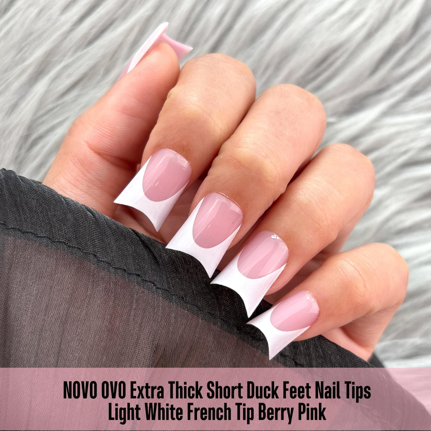 NOVO OVO Duck Nails Short with Moon Curve Light White French Tips BERRY PINK Full Cover for Press on Acrylic, Thick Flare Wide French Soft Gel Fake False Nail Extension x 15 Sizes 240 pcs
