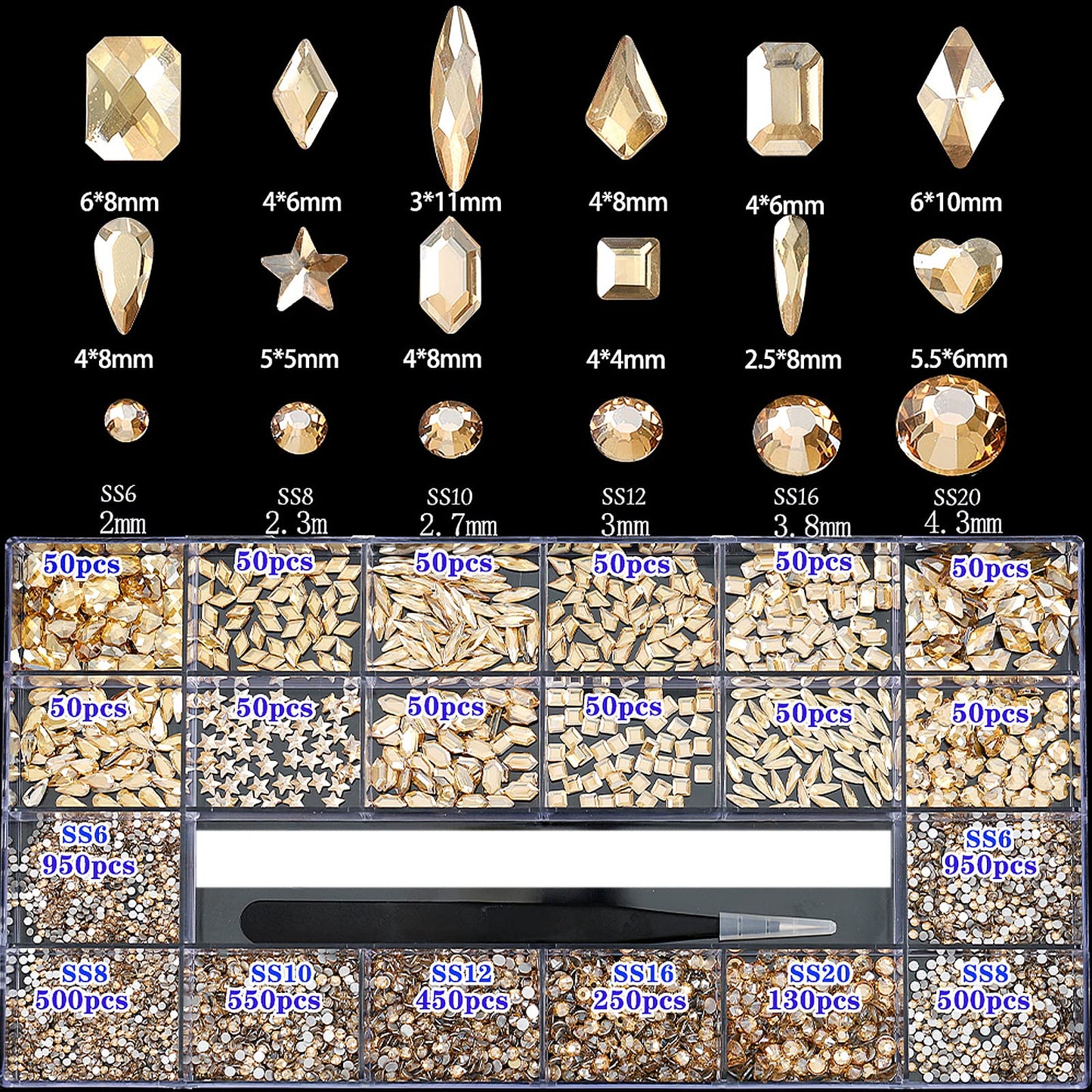 4880Pcs Champagne Rhinestones for Nails, Gold Crystal Nail Rhinestones Round Beads Flatback Glass Gems Stones, Multi Shapes 3D Nail Crystals for Nail Art DIY Crafts Clothes Shoes Jewelry
