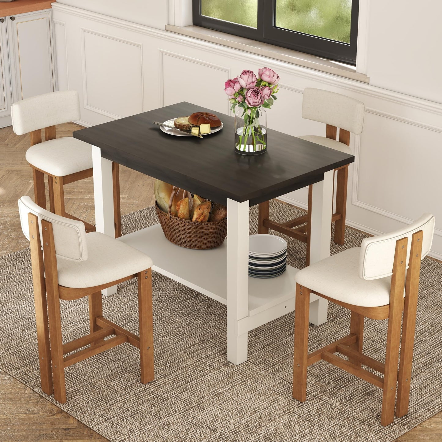 Janoray 5-Piece Counter Height Dining Table Set for 4, Bar Height Table and 4 Bar Stools for Kitchen Island/Dining Room(Brown Table & White Barstools)