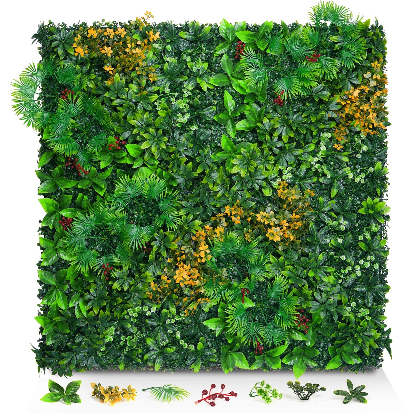 Grass Wall Panels, 20"x20" 16pcs Artificial Grass Backdrop Wall with Tropical Leaves, UV-Anti Faux Greenery Plant Boxwood Panels for Privacy Fence Screen, Green Wall Decor for Outdoor Indoor