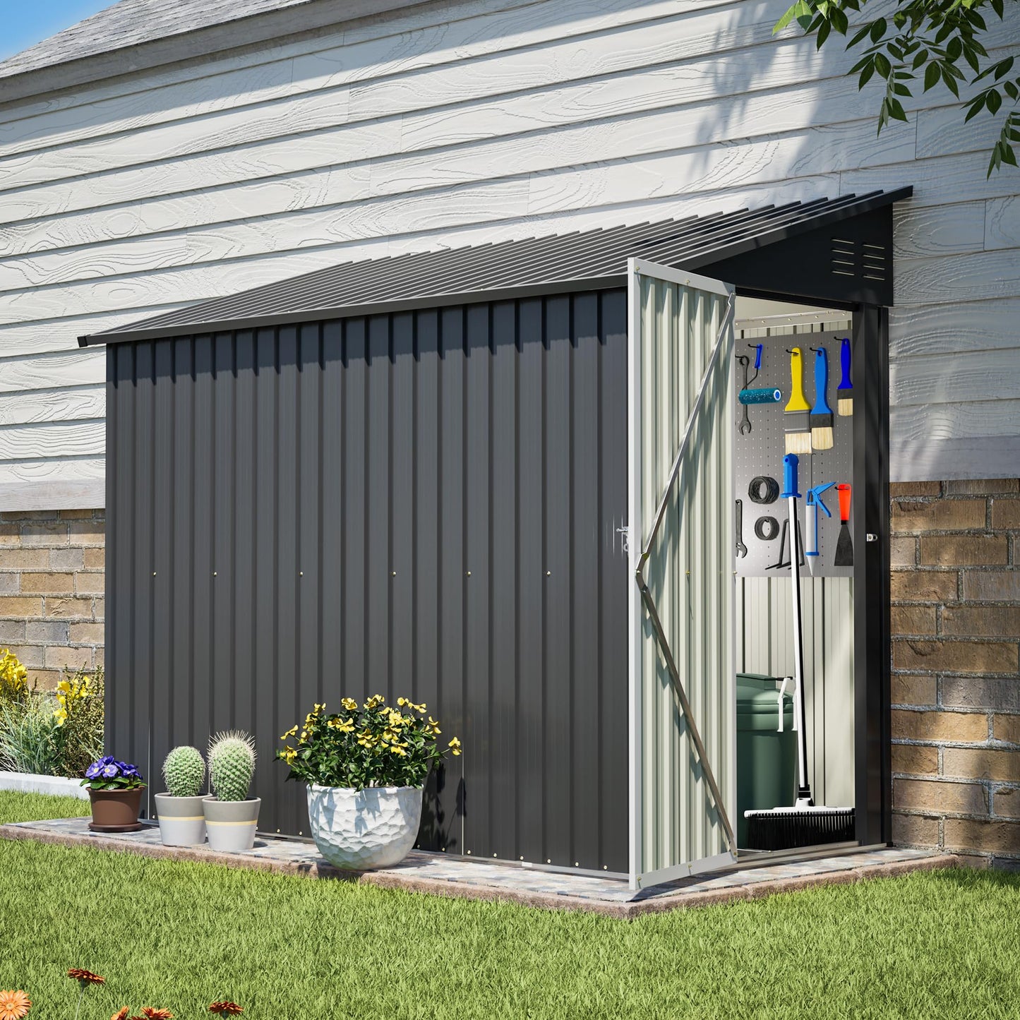 YOPTO 4x8 FT Lean to Outdoor Storage Shed,Metal Shed W/Floor Frame & Reversible Installation,All Weather Waterproof Garden Tool House W/Lockable Door & 2 Air Vents,for Backyard,Patio,Lawn,Black