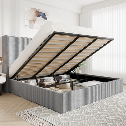 Allewie King Lift-Up Storage Bed Frame with Modern Wingback Headboard, Corduroy Upholstered Platform Bed, Hydraulic Gas Lift Support, Underbed Storage, Wooden Slats, No Box Spring Needed, Grey