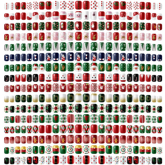 Kacctyen 384pcs 16pack Christmas Press on Nails Winter Square Short Red Fake Nails with Santa Elk Snowflake Pattern Glue on for Women Girls(Bright Pattern)
