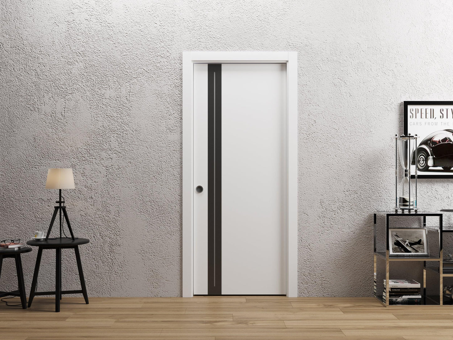 Sartodoors Interior Door 4440 Slab White with Frosted Glass Solid Wood with Honeycomb core Modern Design 32 x 96 in