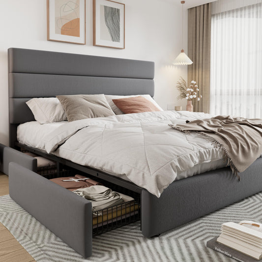 Allewie Modern King Size Platform Bed Frame with 4 Storage Drawers and Velvet Upholstered Headboard, Wooden Slats Support, Upholstered Mattress Foundation/No Box Spring Needed/Easy Assembly, Grey
