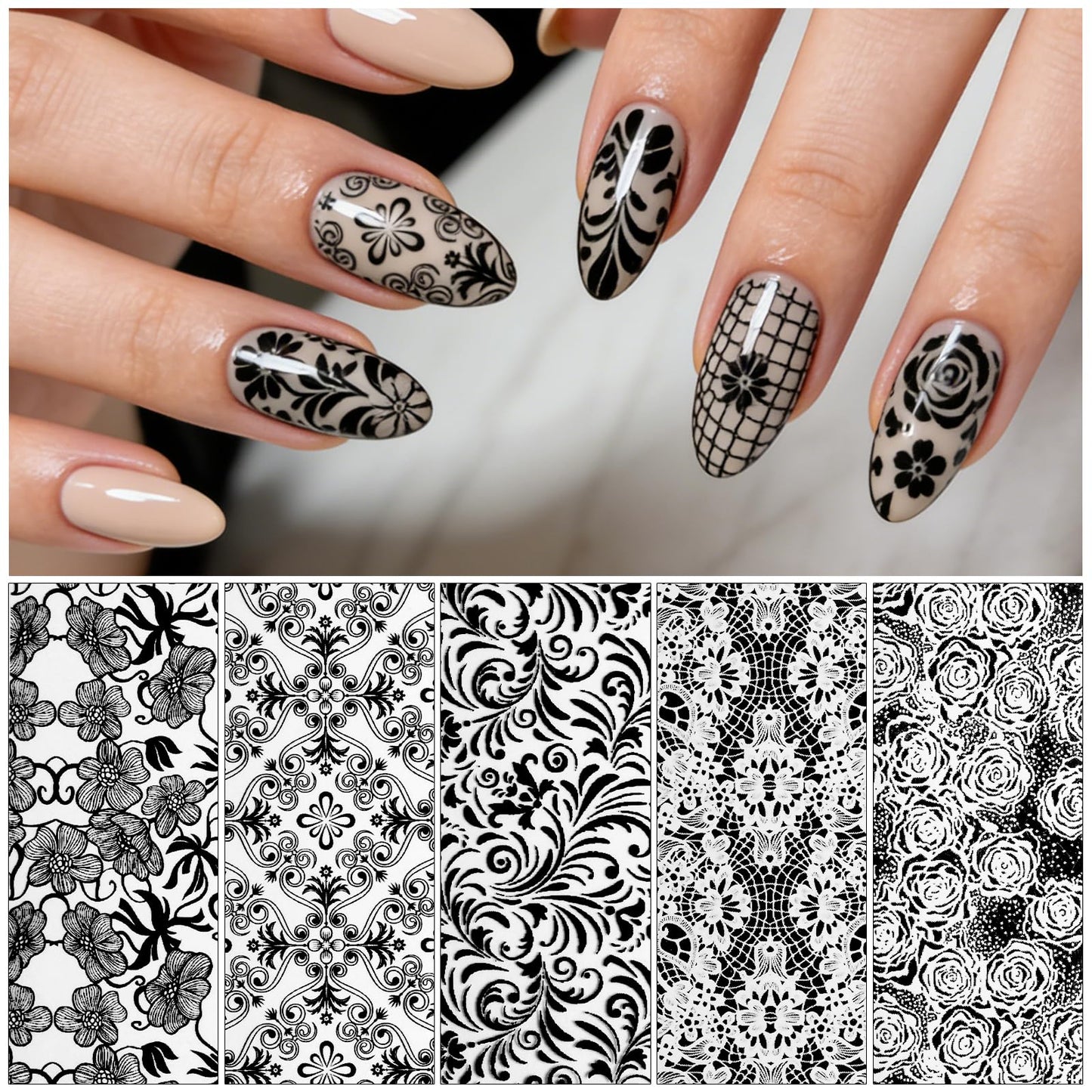 AddFavor Lace Transfer Nail Foil White and Black Nail Transfer Foil Sticker, Flower Nail Art Foils Decals for Nails Manicure DIY Acrylic Nails Decoration
