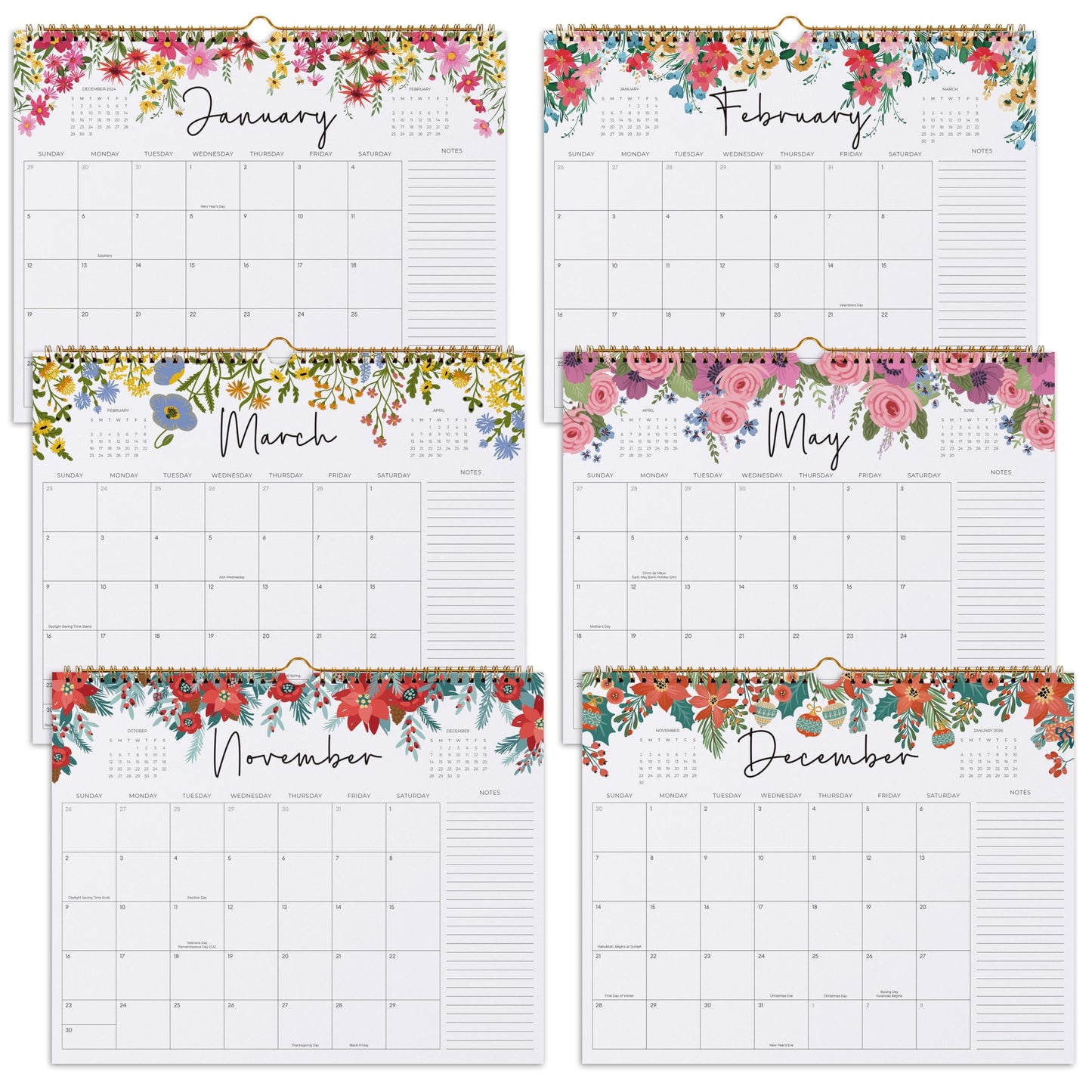 2026-2027 Calendar, Jokotha Wall Calendar 2026, Calendar Runs From Jan 2026 - Jun 2027, 15" x 12", Twin-Wire Binding, Hanging Hook, Floral Design