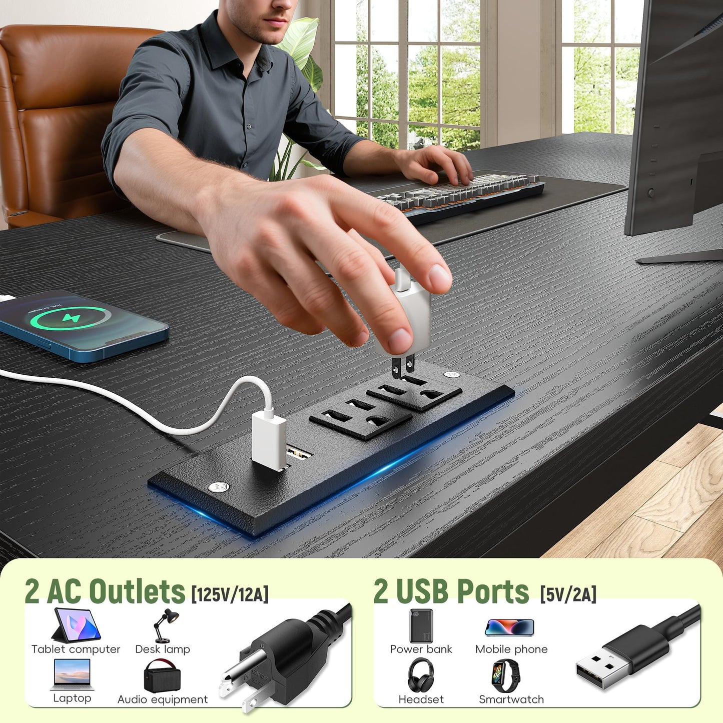 DurayLoly 39.3" Gaming Desk with Power Outlet and LED Lights,Computer Desk with Adjutable Monitor Stand and Drawer,Office Desk with CPU Stand for Home Work,Study and Gaming, Small Spaces,Black