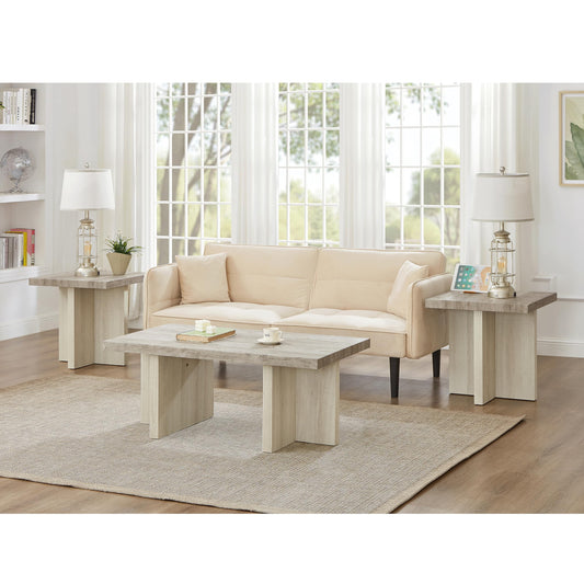 Roundhill Furniture Mchome 3-Piece Coffee Table Set, Coffee Table and Two End Tables, Weathered Gray and Beige