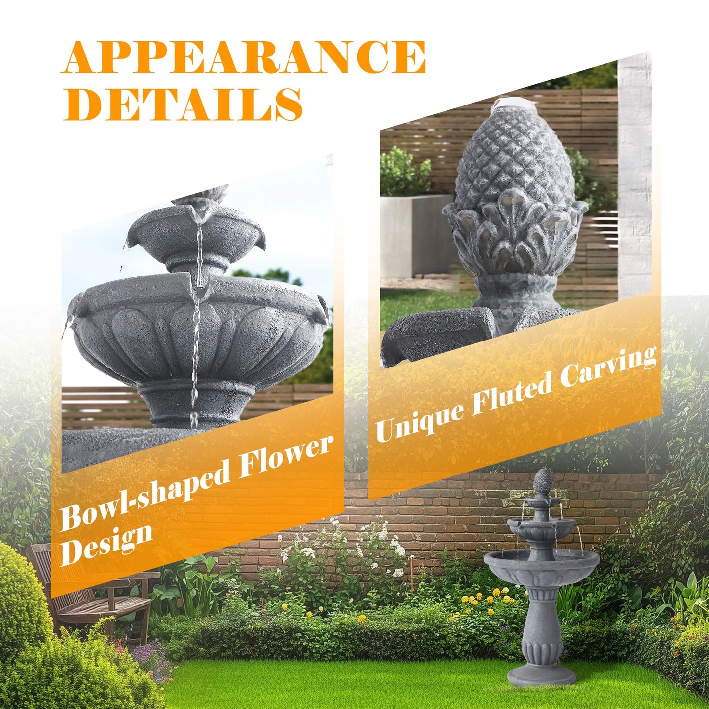 GIODIR 40.6" High Large Italian Outdoor Water Fountain, 3-Tier Standing Bubbler Waterfalls Fountain with Pineapple Top and Roman Pillar, Resin Garden Water Fountains for Bird Bath Patio Yard Deck