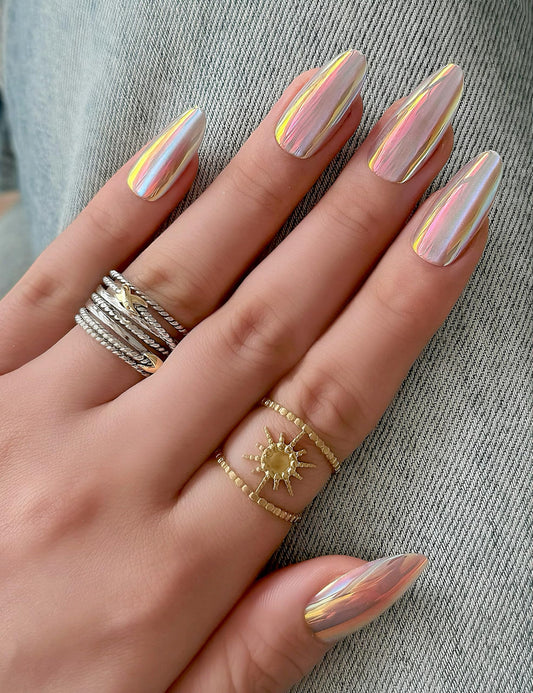 Aurora Chrome Press On Nails Medium Almond, Mirror Metallic Y2K Glow, 30pcs Reusable False Nail Kit by Nailinism