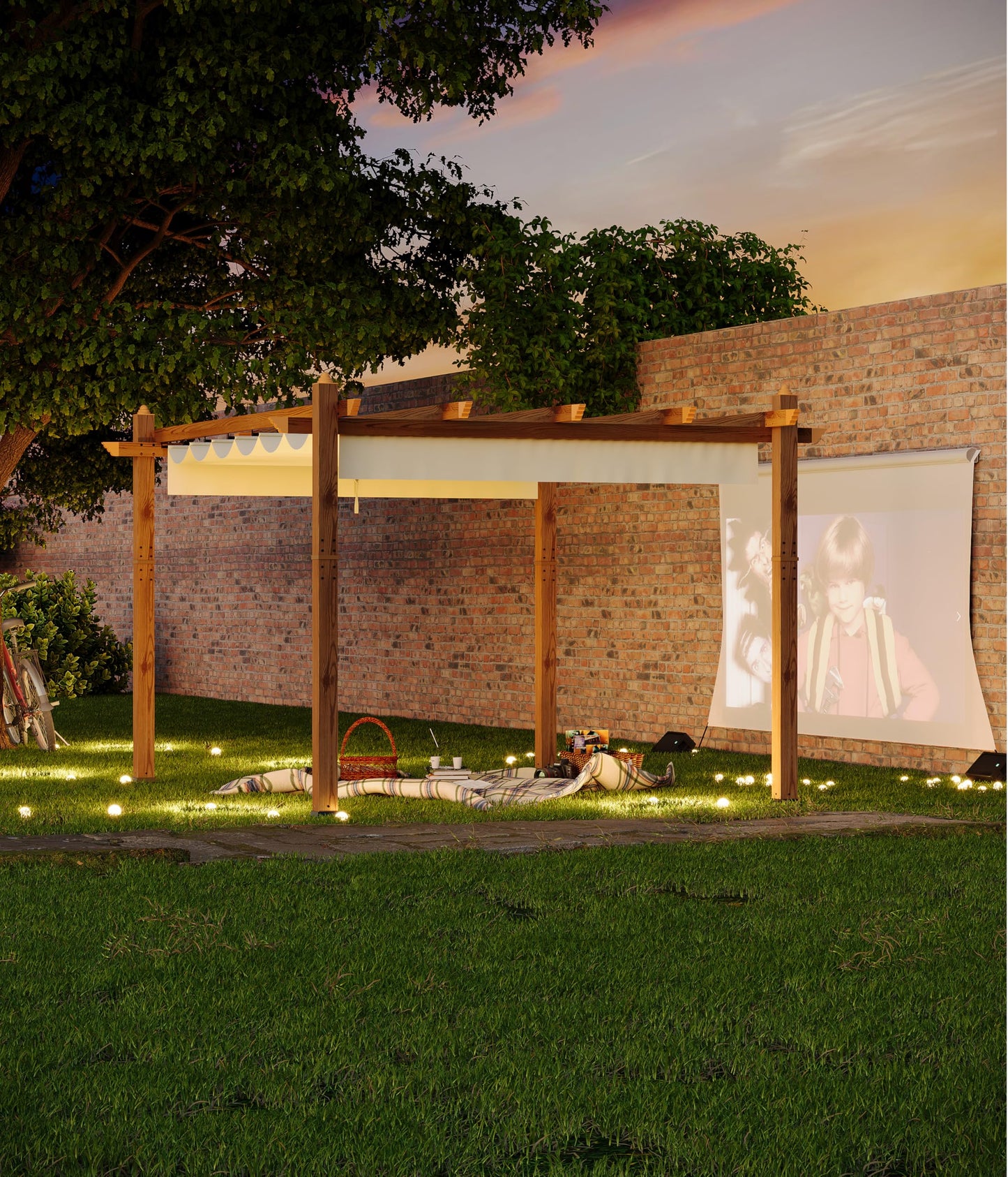 GarveeLife 10 x 13 ft Wood-Grain Aluminum Pergola Outdoor Pergola with Retractable Canopy Sun Shade Shelter for Garden Patio Backyard Deck - Beige