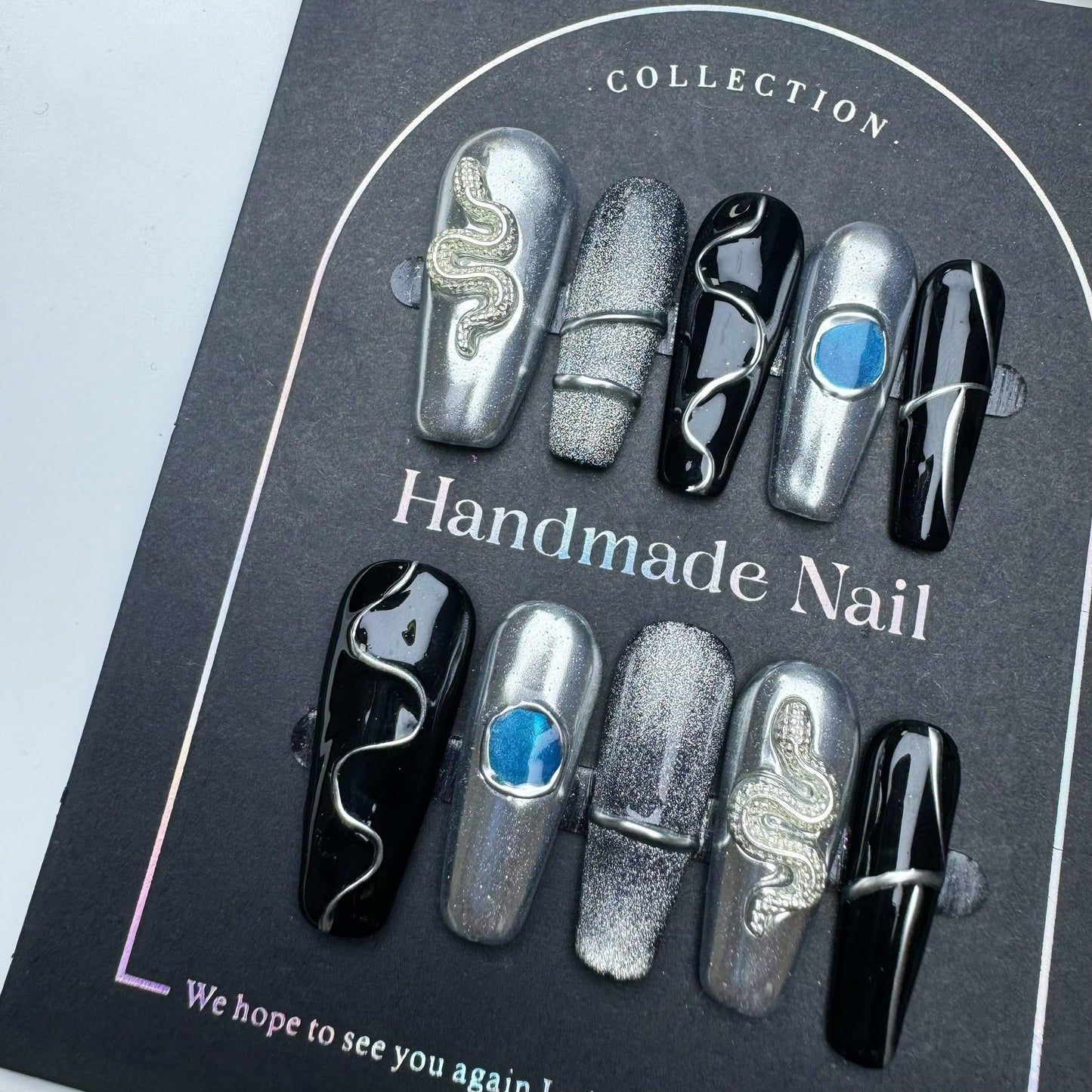 100% 5D Handmade Press on Nails with Snake Charms Medium Coffin Nails Press ons Balck Silver False Nails Cruve Line Press on Nails Fall Fake Nails for Women Girls Daily Wear DIY Manicure Size L