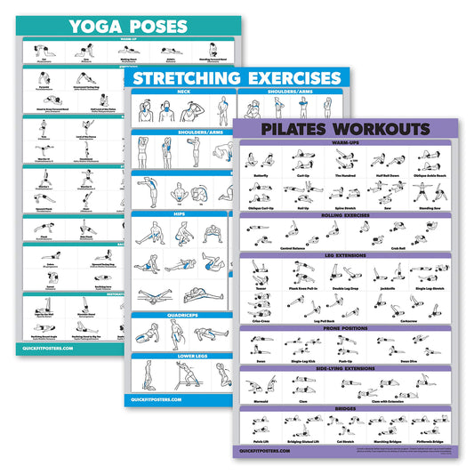 Quickfit 3 Pack - Yoga Poses + Stretching Exercises + Pilates Mat Work Poster Set - Set of 3 Workout Charts (LAMINATED, 18" x 24")