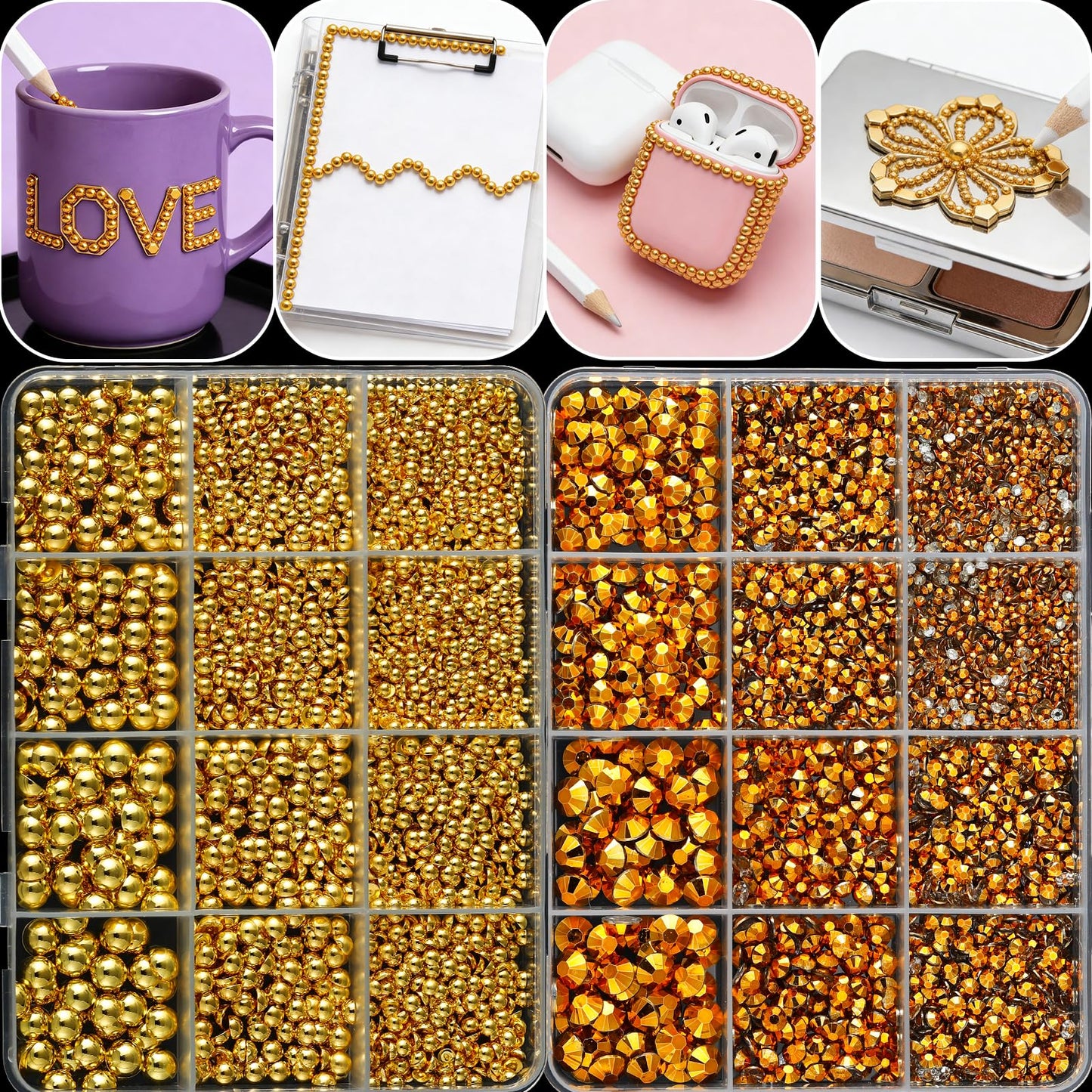 LERBOU Gold Nail Charms and Gems Set, 4 Boxes DIY Nail Decorations Kit, Gold 3D Cross Flowers Nail Art Charms, Champagne Rhinestones Gems Charms Y2K for Nails, Cool Punk Style Nail Charms