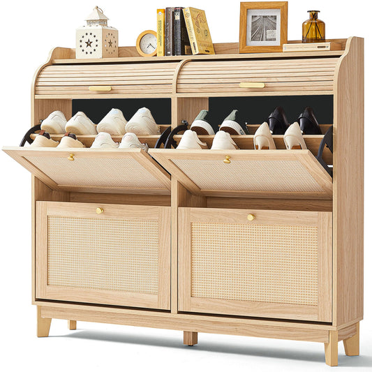 LINSY Shoe Storage Cabinet, Rattan Shoe Cabinet Wood Shoes Rack Cabinets with Sliding Tambour Door, Large Flip Drawer Shoe Cabinet Boho Hidden Shoe Storage for Entryway, Front Door, Hallway, Oak
