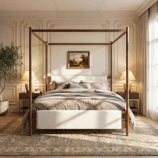 Christopher Knight Home Rotie King Size Canopy Bed Frame, Boucle Upholstered King Size Bed Frame with Headboard, King Platform Canopy Bed, Wooden Slats Support, No Box Spring Needed, White+Brown