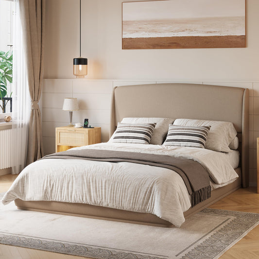 Merax Upholstered Queen Bed Frame with Wingback Headboard, Linen Fabric Platform Bed, Low Profile, Wood Slat Support, No Box Spring Needed, Easy Assembly, Brown