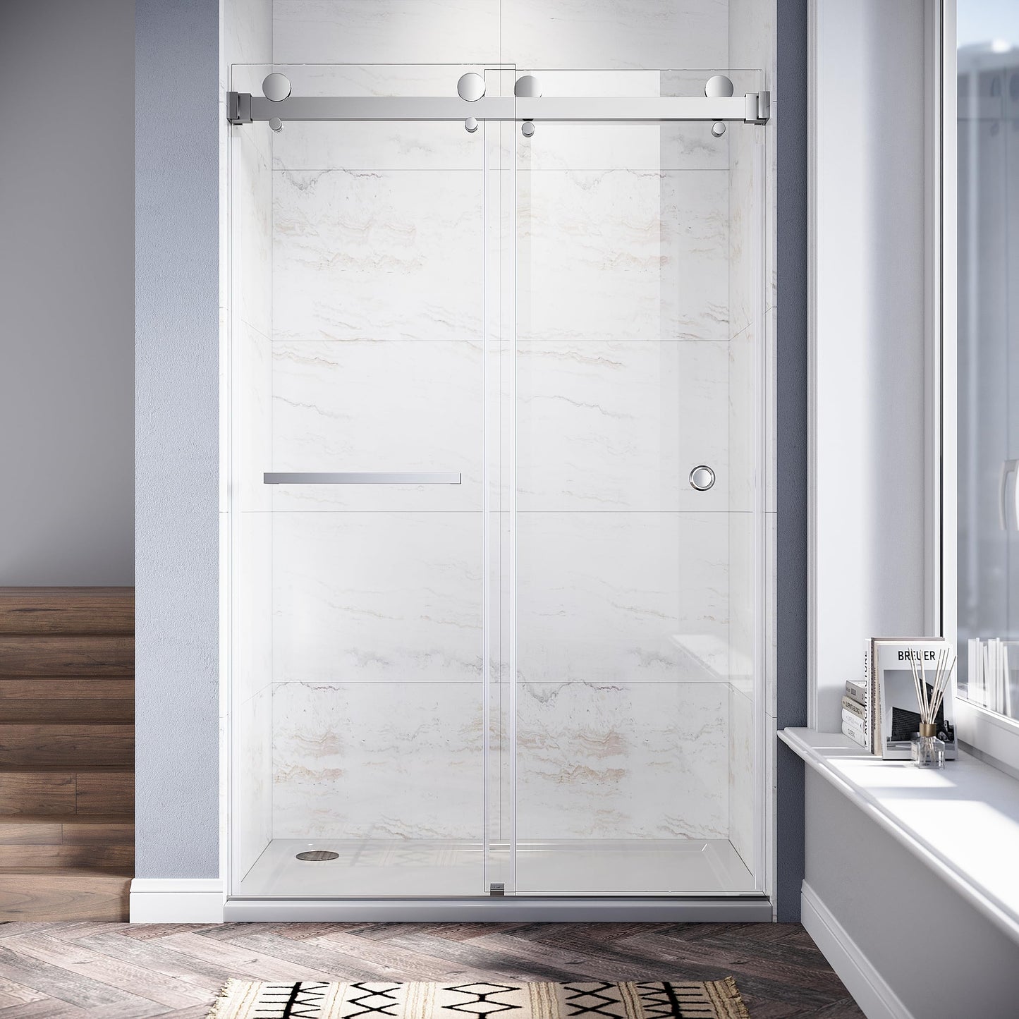 UKD01 46 to 49 in. W x 80 in. H Double Sliding Frameless Shower Doors - Stainless Steel 3/8" (10mm) Certified Tempered Glass 49x80-CH