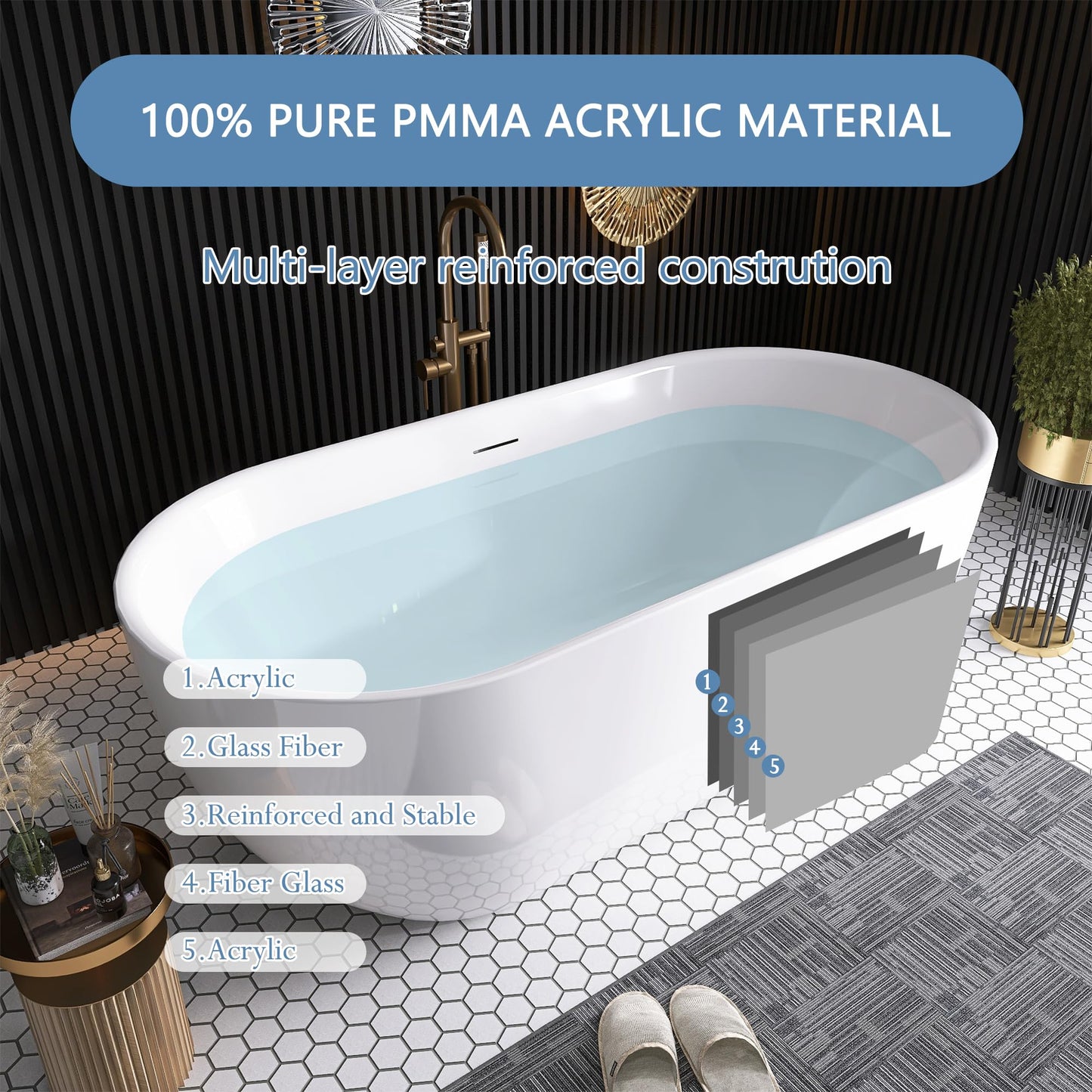 59" Free Standing Tub, Pure Acrylic Freestanding Bathtub, Stylish Stand Alone Contemporary Deep Soaking Bath Tub, cUPC Certified SY6850 (Glossy White)