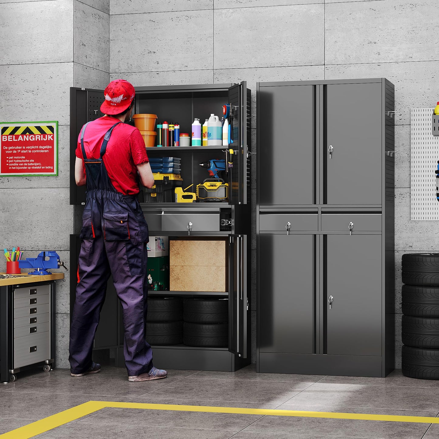 JAORD Metal Storage Cabinet with 2 Drawers and Pegboard, Garage Storage Cabinet with Locking Doors and 2 Adjustable Shelves, 71" H Steel Cabinets for Garage, Home, Office, School, Black