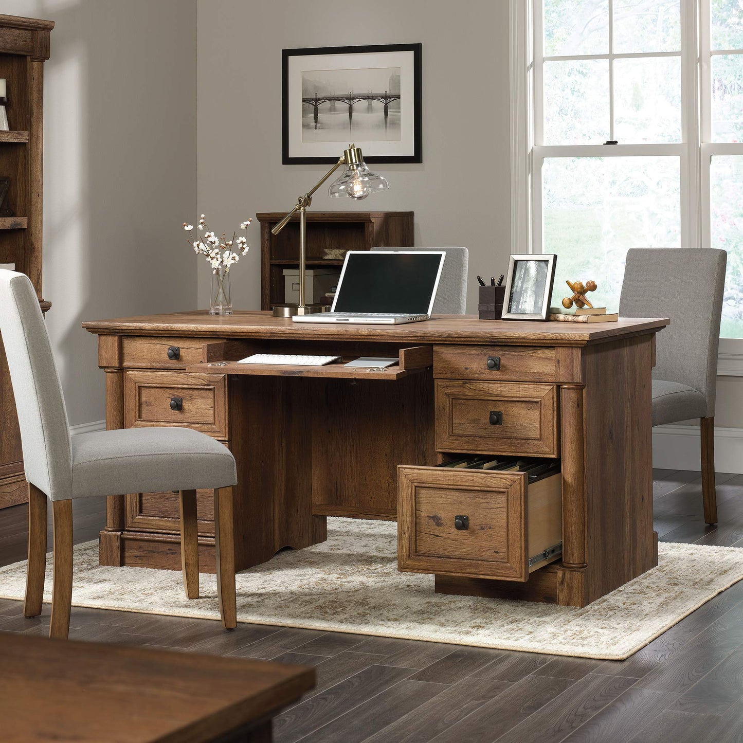 Sauder Palladia Executive Desk, 29.5"D x 65.1"W x 29.61"H, Vintage Oak finish