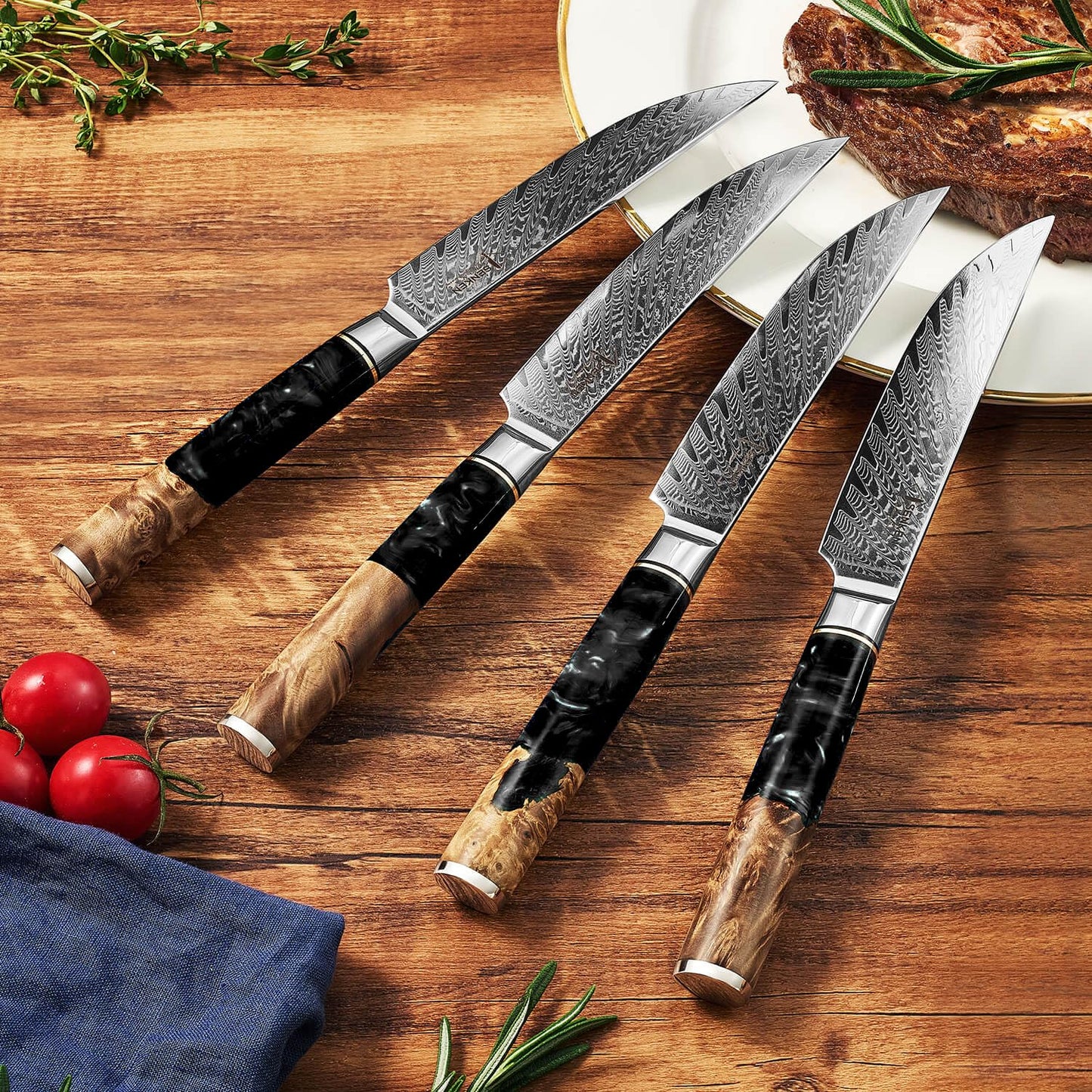 SENKEN Damascus Steak Knife Set - Black Tsunami Collection - 67-Layer Japanese VG10 Steel - Razor Sharp Non-Serrated Blades, Black Resin & Burl Wood Handles, Luxury Gift Box