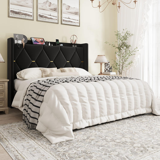 SHA CERLIN Queen Velvet Upholstered Bed Frame with Charging Station, Modern Wingback Storage Headboard, Diamond Stitched & Gold Trim, No Box Spring Needed, Easy Assembly, Black