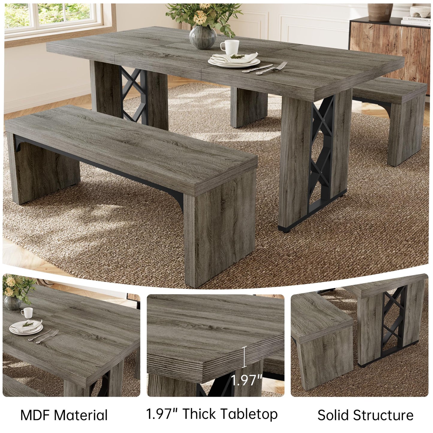 HIPIHOM 3-Piece Dining Table Set for 6 People, 70.8'' Rectangle Kitchen Table with 2 Benches for Breakfast Nook, Dining Room Furniture(Grey Table+2 Benches)