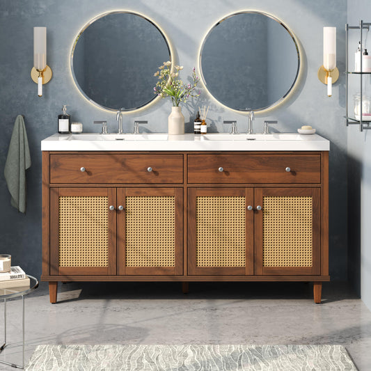 Merax 60 Inch Bathroom Vanity with Double Sink (SMC Sink), Large Storage Space with 2 Tip-Out Trays/Flip-Out Drawers and 4 Soft Closing Doors, Solid Wood Legs and Silver Metal Knobs, Brown