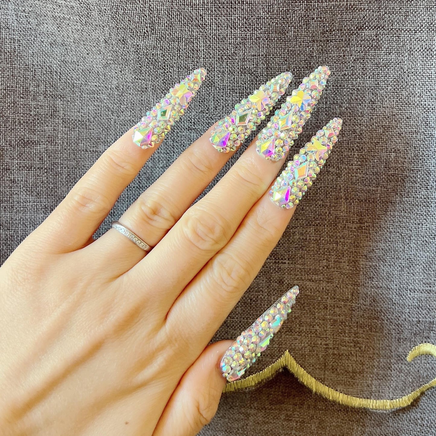 NAIL ANGEL 10PCS/SET Glamorous Handmade Press On Nails Full AB Rhinestones and Gems French Style Long Point Nails Party Nails XXL Artifical Tips ZJ21 (ZJ21, M)