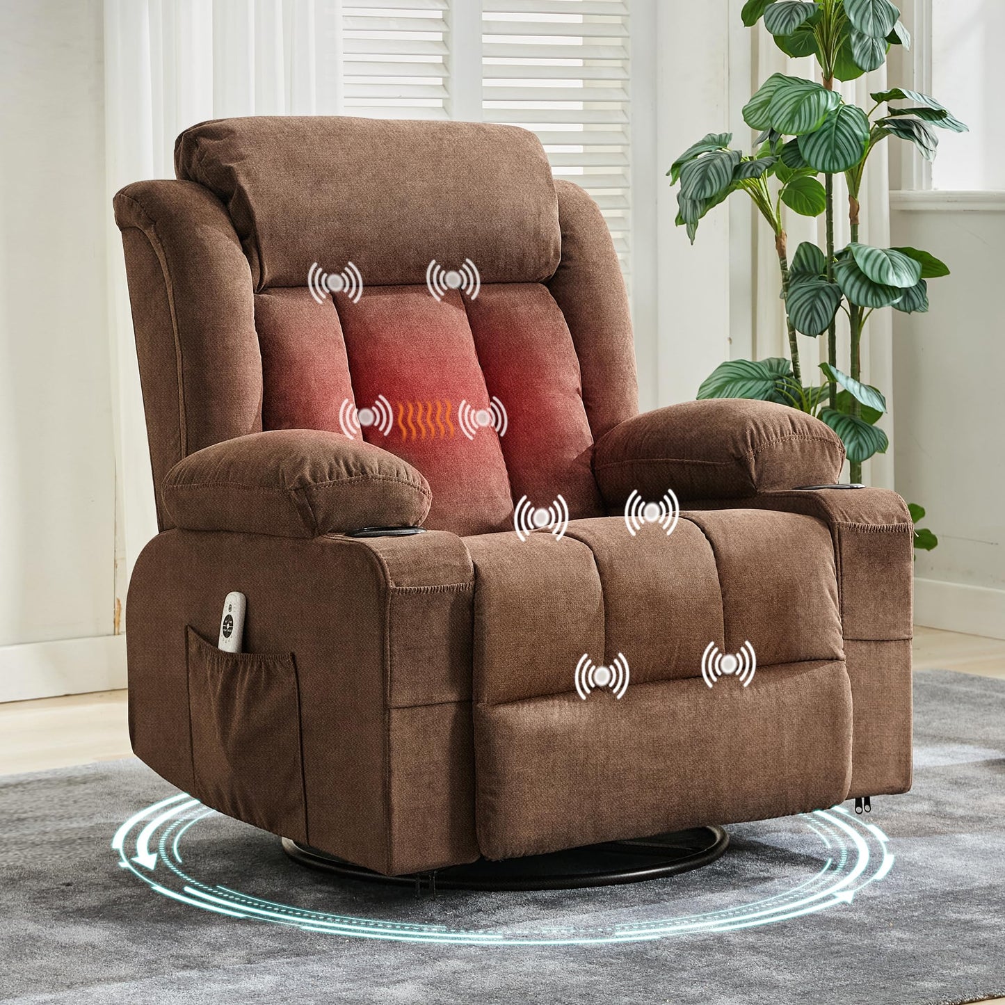 PeacefulHues 360° Swivel Rocker Recliner Chair with Heat and Massage, 3 Positions, USB Ports, Side Pockets, Cup Holders, for Living Room, Bedroom, Brown