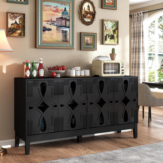 KEIKI 60.5'' Buffet Cabinet with Storage, Farmhouse Fluted Sideboard with Geometric Pattern & Adjustable Shelves, Mid Century Modern TV Stand for Living Room Kitchen Dining Room Entryway, Black