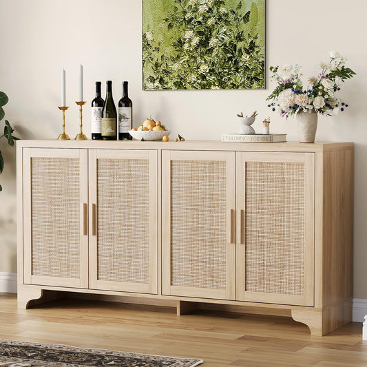 GarveeHome 4-Door Sideboard Buffet Cabinet, Natural Rattan Storage Cabinet, Boho Entryway Console Table, Coffee Bar Station for Dinning Room, Living Room, Kitchen