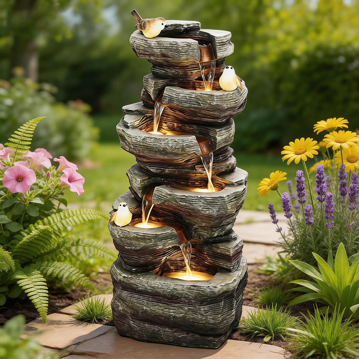 Ultym 40" H Extra-Large Rock Outdoor Water Fountain with LED Lights, 6-Tier Cascading Stone Waterfall with Birds for Garden Patio Porch, Weather-Resistant Polyresin Water Feature for Tranquil Oasis