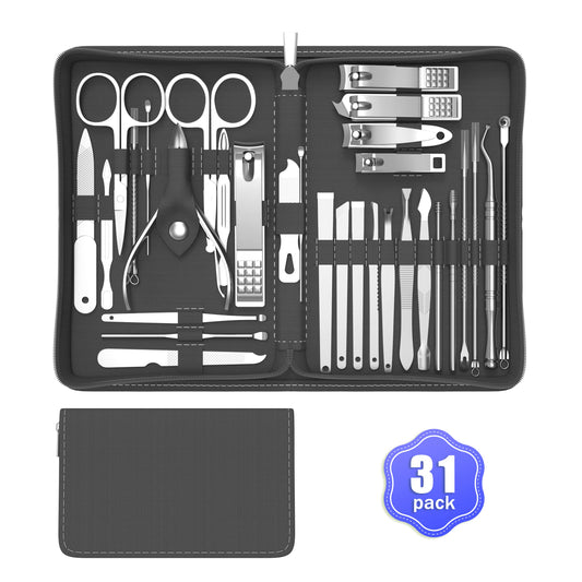 Cater Manicure Nail Clippers Kit - 31Pc Stainless Steel Nail Grooming Set with Luxurious Travel Case (Black)
