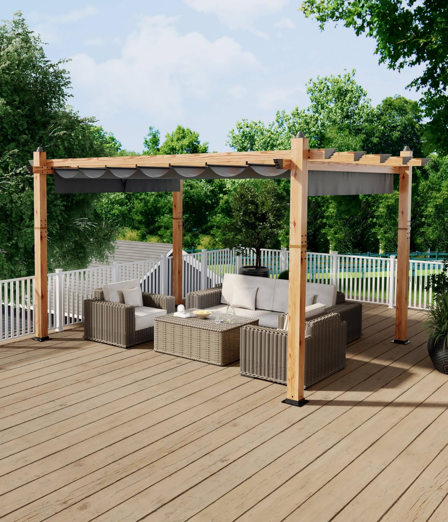 10' X 13' Aluminum Pergola Faux Wood Outdoor Pergola with Retractable Canopy Metal Pergolas Shelter for Backyard, Deck, Patio, Garden Porch Beach Sun Shade Pavilion Grape Trellis Grill, Gray